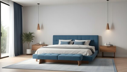 A modern and stylish bedroom with a large blue upholstered bed frame, wooden nightstands, and wall-mounted lamps.