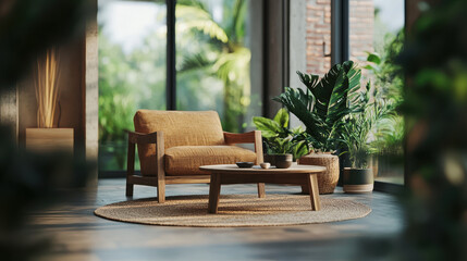 Fototapeta premium A cozy living space featuring sustainable wooden sofa, round coffee table, and lush green plants. natural light enhances serene atmosphere, perfect for relaxation