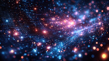 Obraz premium Abstract digital visualization of glowing particles and waves.