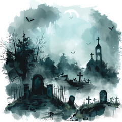 Silhouettes of a spooky graveyard at night, watercolor illustration, png