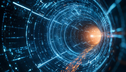 Obraz premium Abstract digital tunnel with glowing lights.