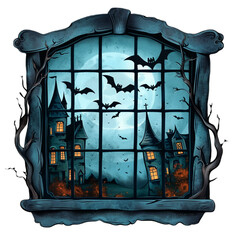 Creepy Halloween window view with flying bats, watercolor illustration, png