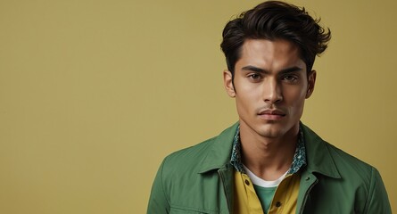 Stylish Hispanic male model in green jacket on light yellow background
