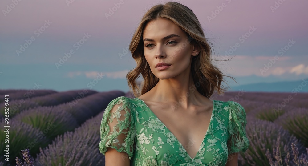 Wall mural stylish white female model in green dress and white sandals on lavender background