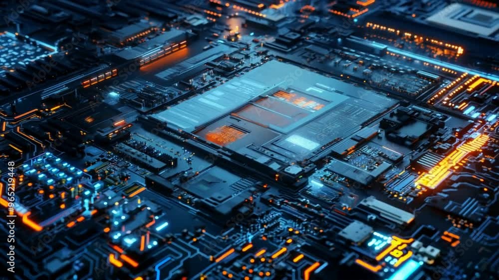 Poster close-up image of a modern computer circuit board with glowing components, highlighting advanced tec
