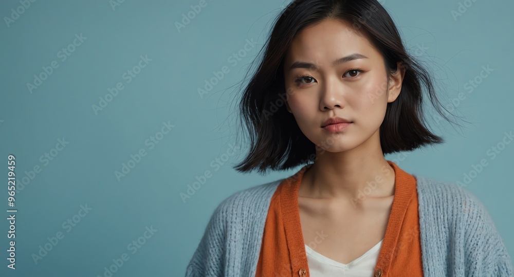 Wall mural thoughtful asian female model in orange cardigan and jeans on pale blue background