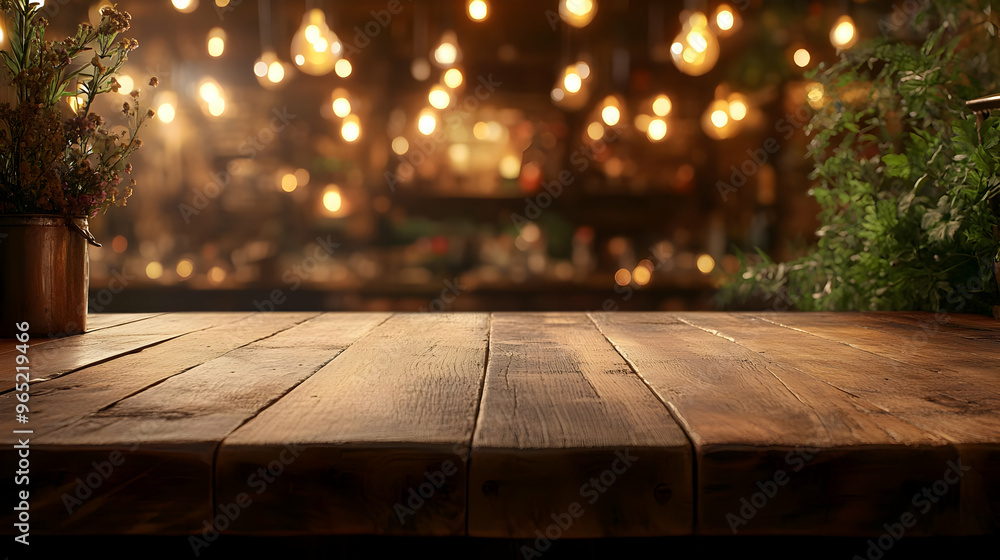 Poster empty wooden table background with bokeh lights and plants