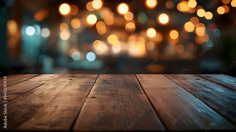 Poster Empty Wooden Table Background with Abstract Bokeh Lights