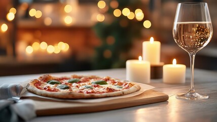 Fototapeta premium Pizza with candlelight ambiance, creating a warm setting for a romantic dinner.
