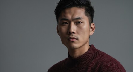 Fototapeta premium Thoughtful Asian male model in burgundy sweater on light gray background