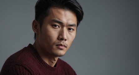 Fototapeta premium Thoughtful Asian male model in burgundy sweater on light gray background