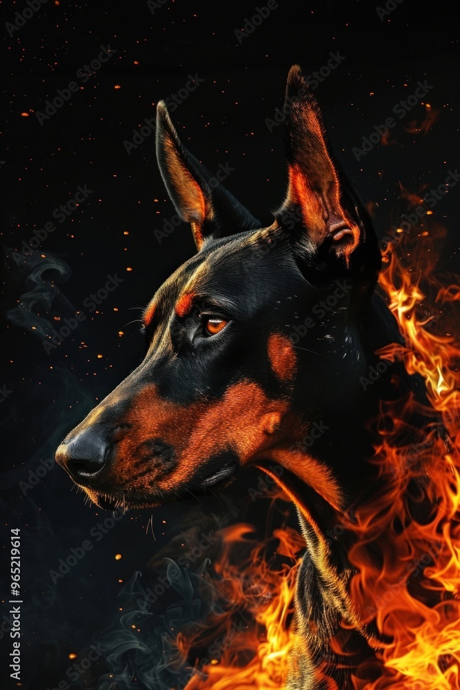 Wall mural doberman flame fire outdoors.