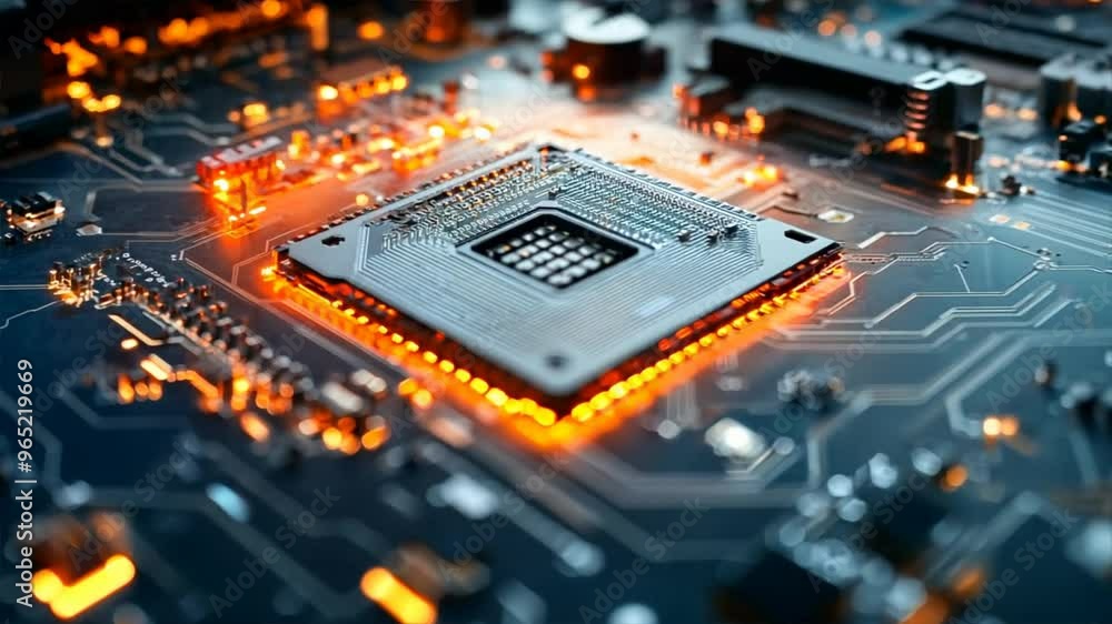 Poster close-up of a circuit board with glowing elements showcasing electronic components and intricate pat