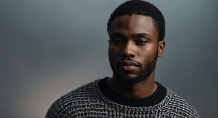 Thoughtful Black male model in black sweater on silver background