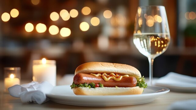 Hot dog with candlelight backdrop, creating warm, intimate setting for special occasion or romantic dinner.