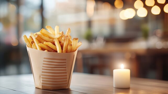 French fries with candlelight backdrop, creating warm and intimate dining experience.