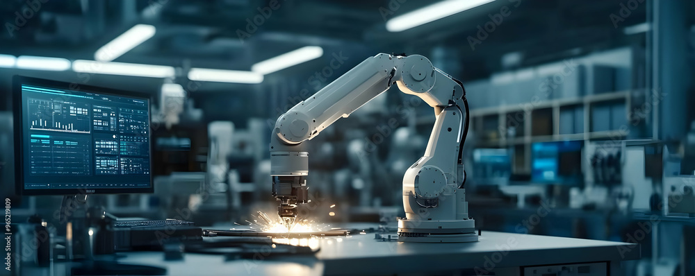 Poster 3d render of a robotic arm welding in a modern factory setting
