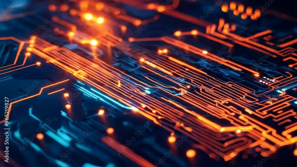 Poster close-up of a futuristic circuit board with glowing orange and blue lines representing modern techno
