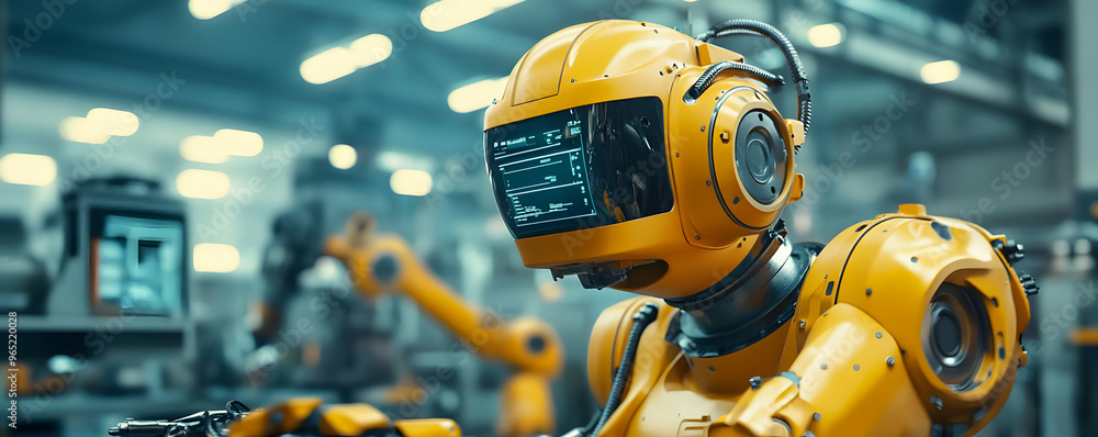 Aufkleber 3d illustration of futuristic robot in automated factory setting