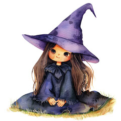 Cute little witch girl sitting on the grass, watercolor illustration, png