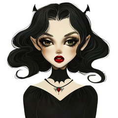 Vampire lady in black, watercolor illustration, png