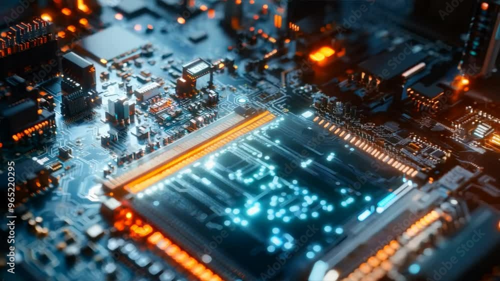 Poster close-up of a glowing computer motherboard with circuits and components, showcasing technology and i