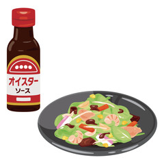 ボトル入りのオイスターソースと皿に盛られた野菜炒め