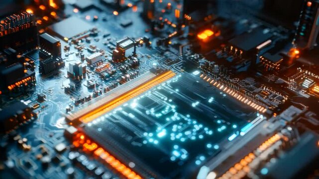 Close-up of a glowing computer motherboard with circuits and components, showcasing technology and innovation.