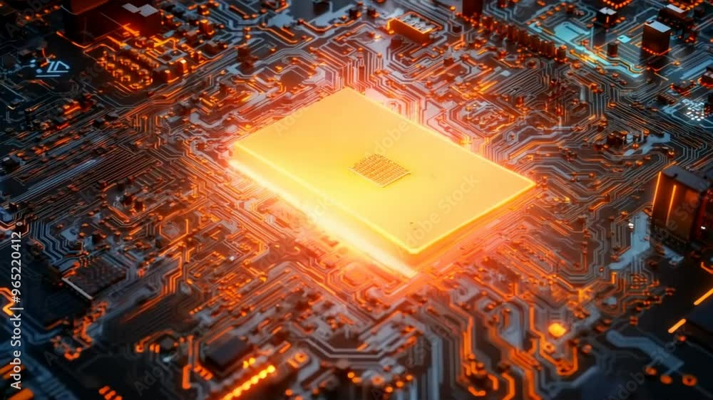 Poster close-up of a glowing microchip on a circuit board, showcasing the complexity of modern technology a