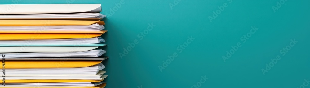 Poster a neat stack of various documents on a vibrant turquoise background, symbolizing organization and of