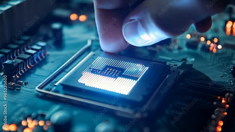 Poster close-up of a hand placing a microchip on a motherboard, representing technology and innovation in e