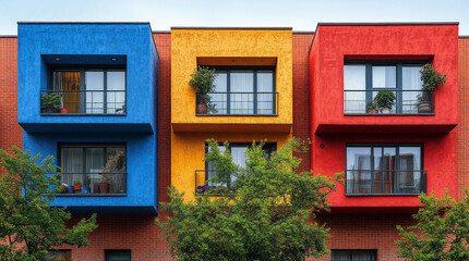 Fototapeta premium Colorful street of modern houses with playful architecture in urban neighborhood, Blue yellow and red color apartment balconies