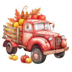 Red truck loaded with autumn pumpkins and leaves, watercolor illustration, png