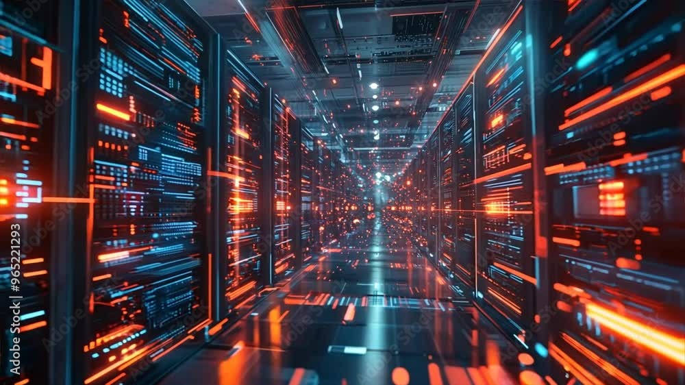 Poster a futuristic data center with glowing red and blue lights, showcasing advanced server technology and