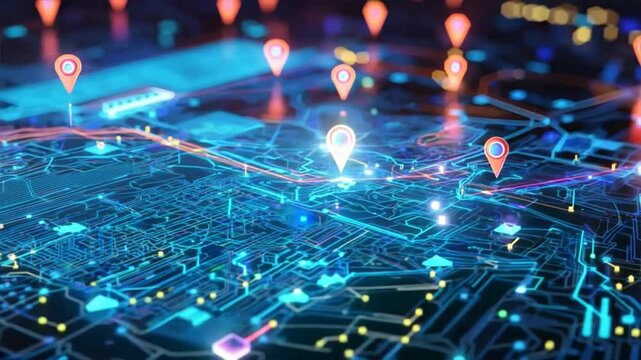 A futuristic digital map displaying neon location pins on a dark background, representing navigation, GPS, and modern technology.