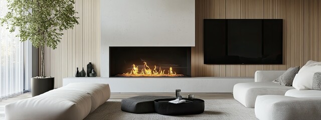 Minimalist living room interior with modern fireplace. Interior mockup  3d render