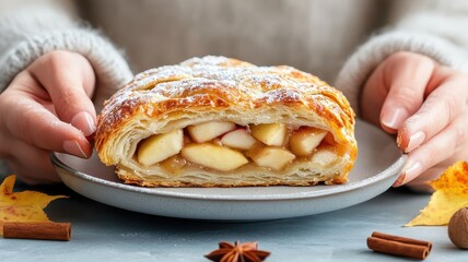 Someone holding a slice of Apfelstrudel, emphasizing its flaky texture and apple-filled center.