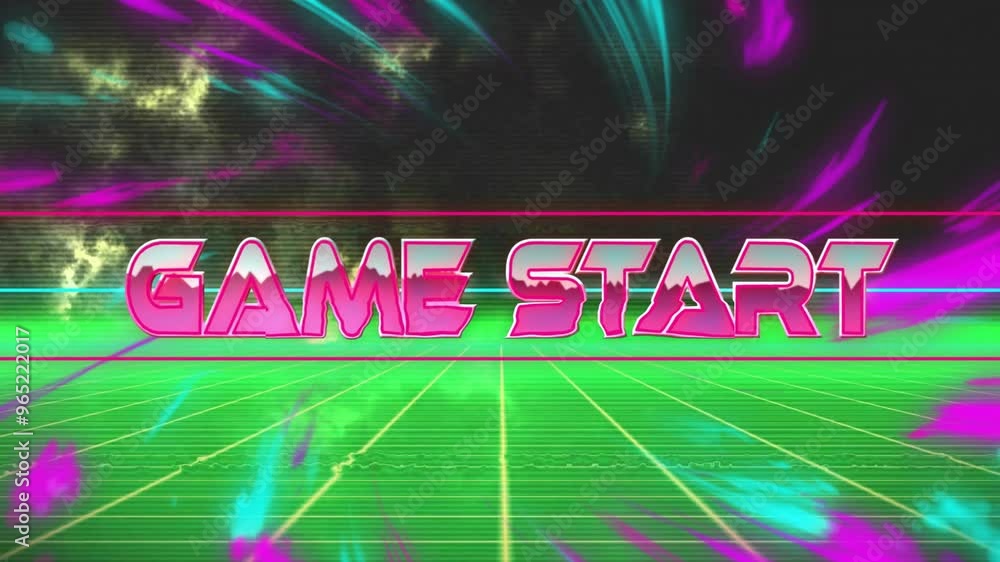 Poster animation of game start text over colourful shapes and digital lines on black background