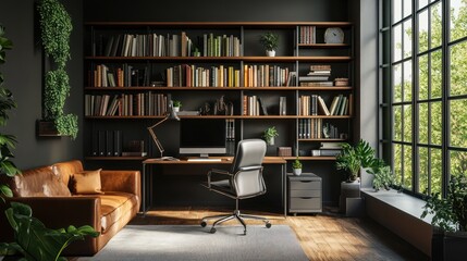 Modern Home Office with Bookshelf and Large Window