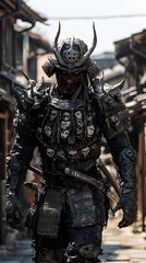 Fototapeta premium A samurai wearing menacing armor made from oni material, with a helmet, walking through an Edo period town during bright daylight