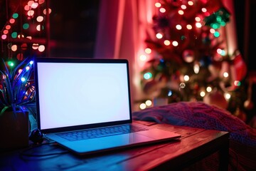 A laptop mockup white screen glowing , decor, and a dim light from a lamp on a table in a dark office room at night