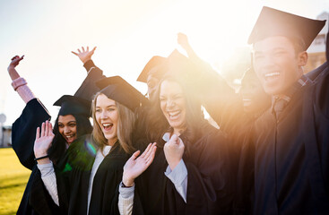 Excited, university and friends in park for graduation, school ceremony and celebrate achievement....