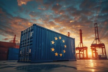 a large blue cargo shipping container with EU European Union flag in a port harbor at sunset or sunrise
