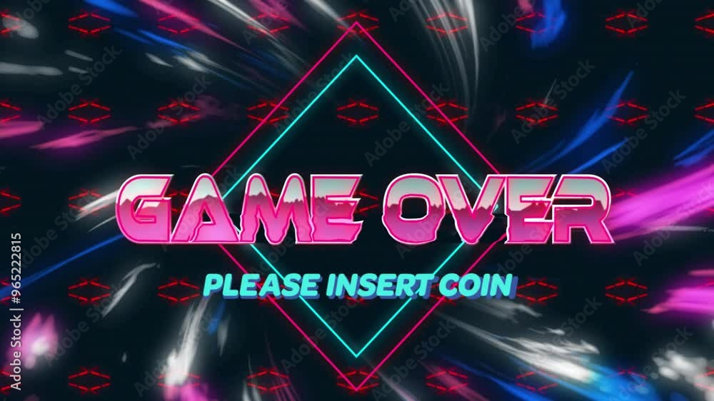 Poster animation of game over text over colourful shapes on black background