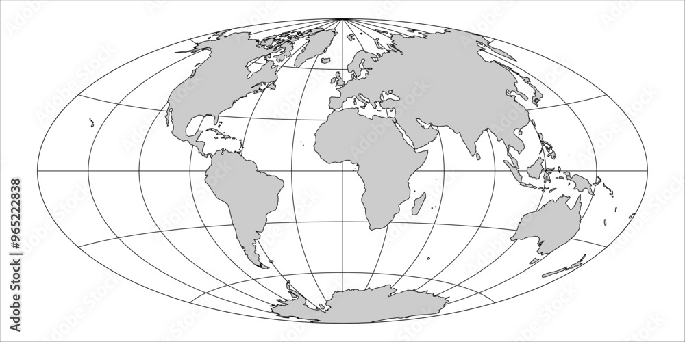 Poster this vector representation displays the world map in aitoff projection, showcasing continents, ocean