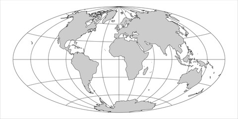 This vector representation displays the world map in Aitoff projection, showcasing continents, oceans, and geographical lines. The layout highlights the curved boundaries of landmass and water.