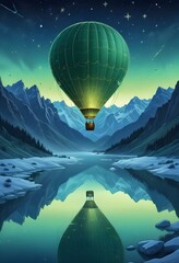 Oil painting, A vibrant green hot air balloon soaring over a snowy landscape at sunrise, with pink and orange hues in the sky, snow-capped peaks behind, and a still lake reflecting the colorful sky in