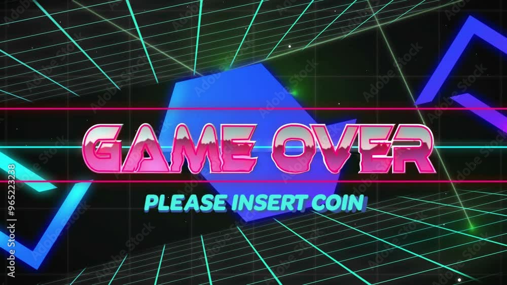 Poster animation of game over text over colourful shapes and digital lines on black background