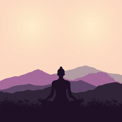 Calmness of mind meditation concept silhouette with mountain background. Meditating silhouette. Yoga illustration.