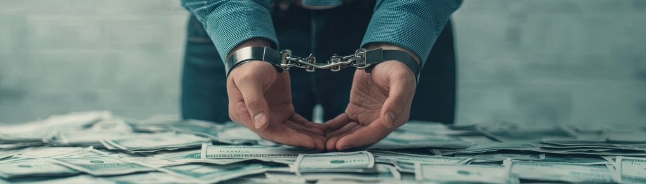 A person in handcuffs surrounded by stacks of money, symbolizing crime, greed, and consequences of unlawful actions.